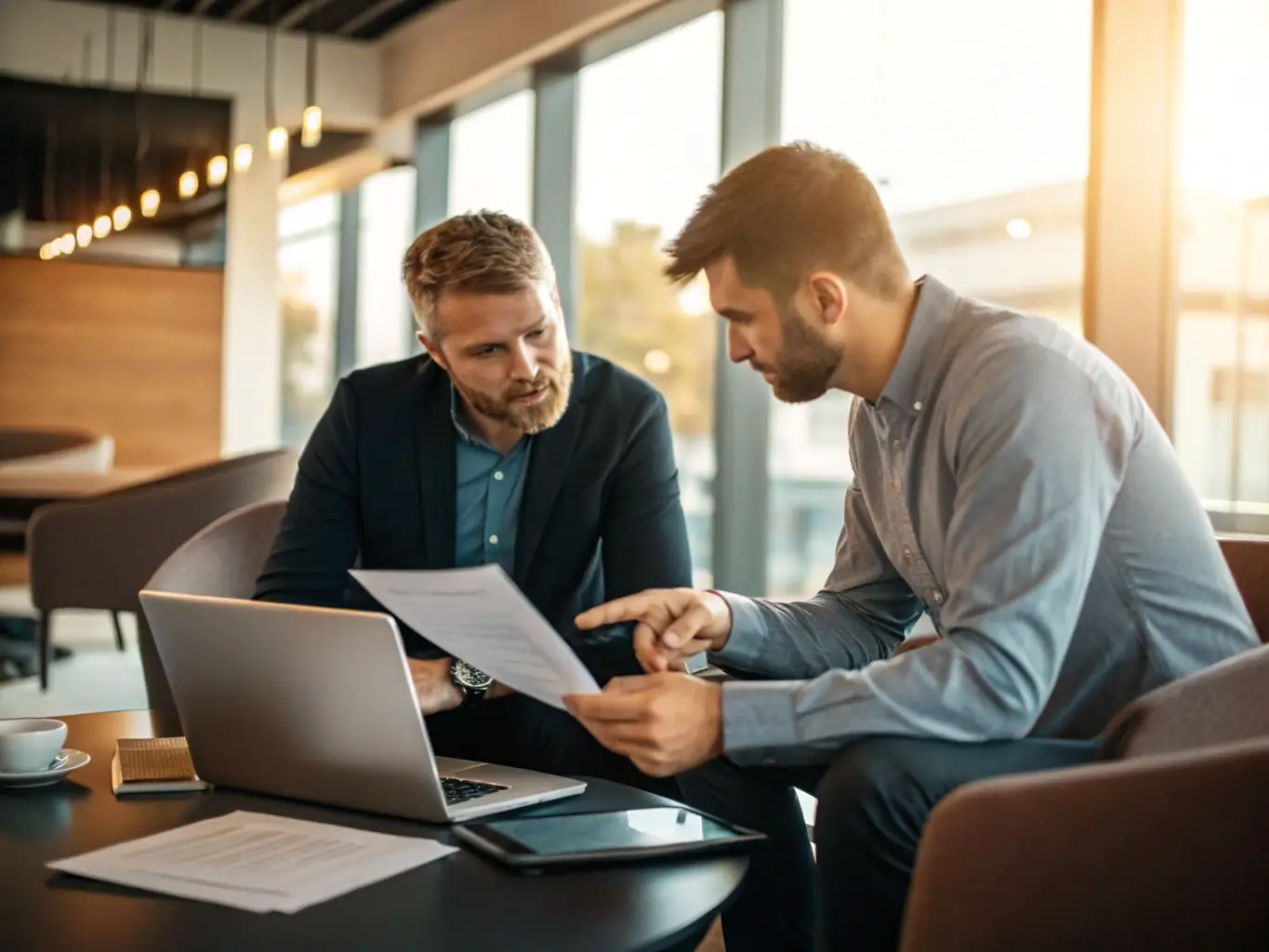 A consultant presenting growth charts and strategic plans to a client in a modern office, representing the Growth Strategy Consulting service.