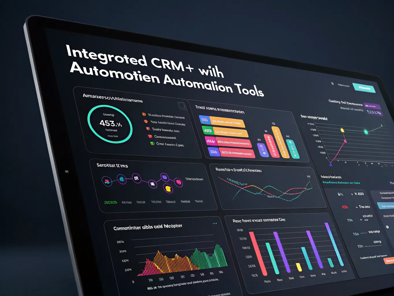 A visual of interconnected digital dashboards and automation workflows, illustrating the Automation Tools & Integration service.