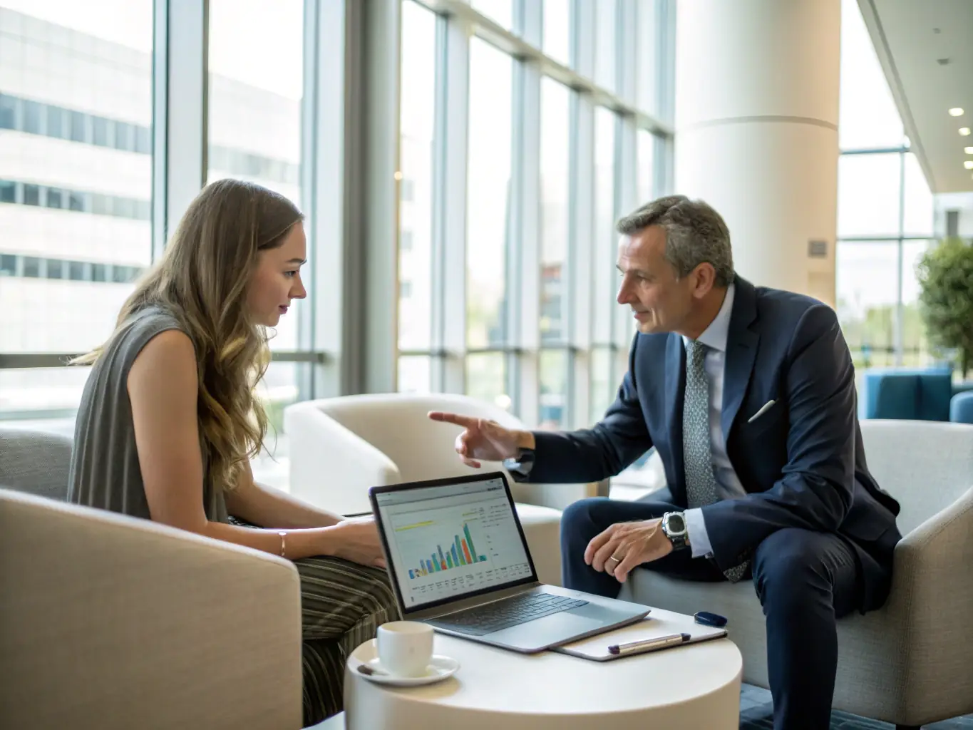 An image showing a consultant presenting growth charts and strategic plans to a client in a modern office setting, emphasizing collaboration and data-driven decision-making.