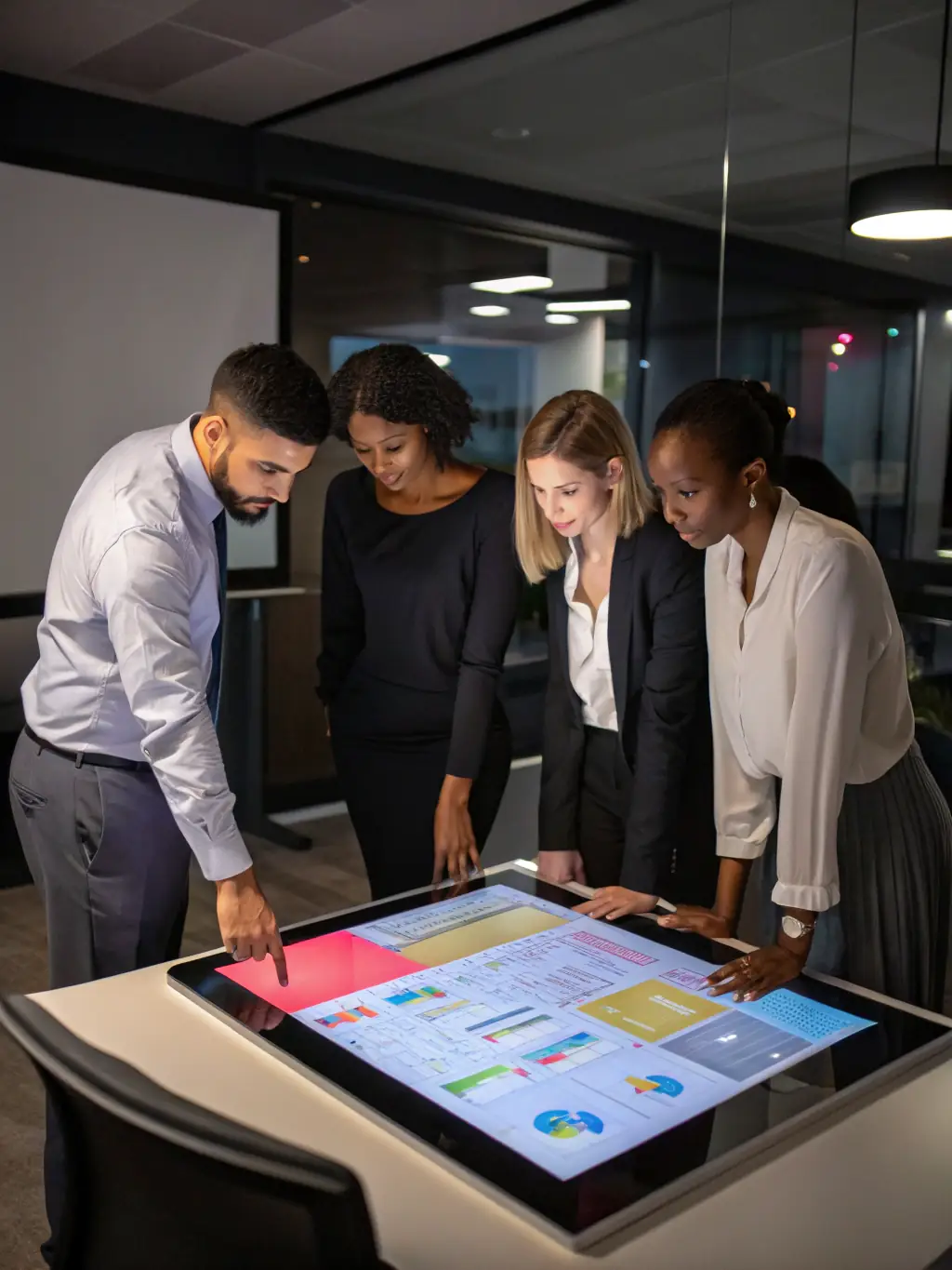 A stylized image showing a diverse team collaborating around a digital dashboard, representing the collaborative and strategic approach of MBHPlatform.