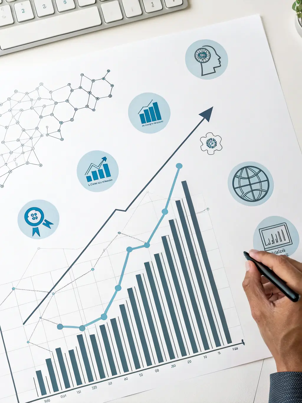 A professional graphic showing a growth chart trending upwards, with digital icons representing various growth strategies and consulting elements.
