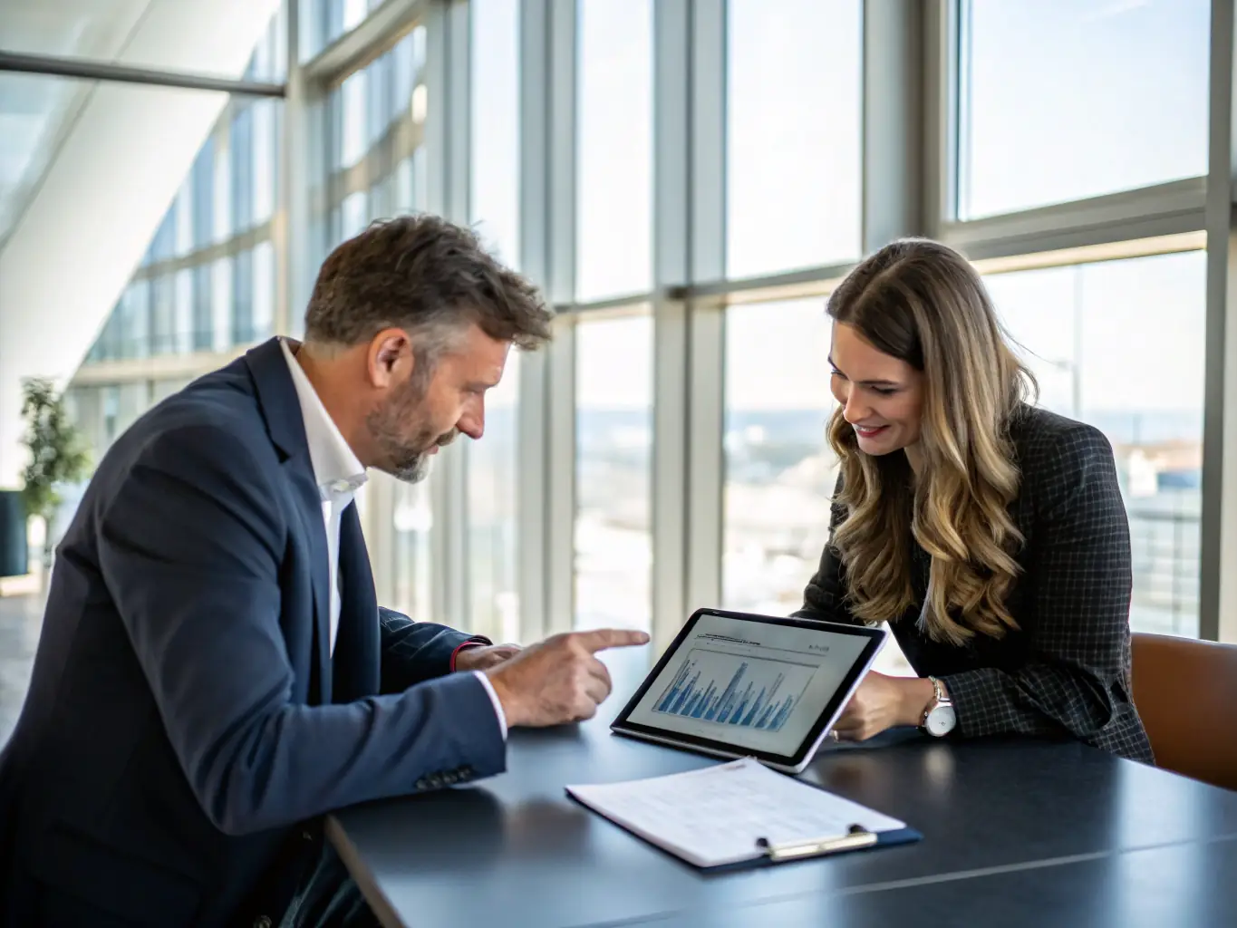 A consultant working with a client, reviewing growth strategy documents and digital analytics on a tablet.